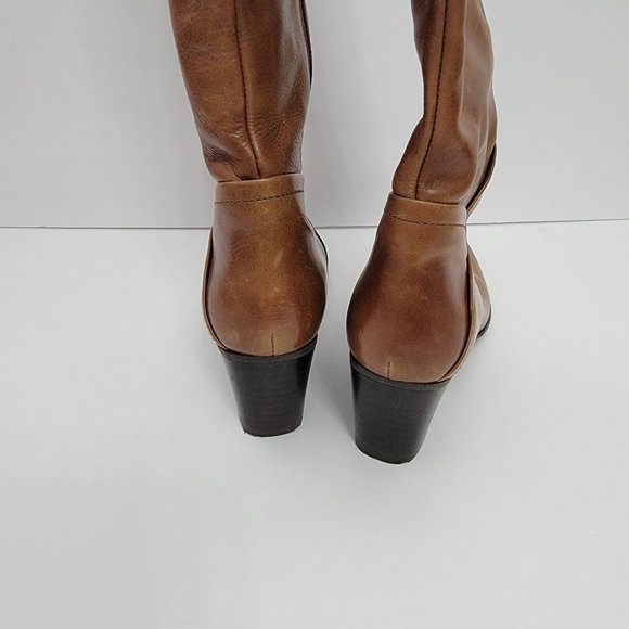 Stuart Weitzman | Brown Leather Over the Calf Rider Heeled Boots - Picture 13 of 15